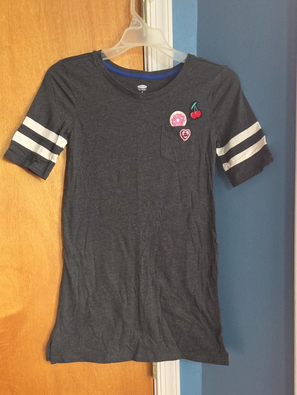 Girls' Charcoal Patch Pocket Tee Shirt Dress with White Stripe Sleeves